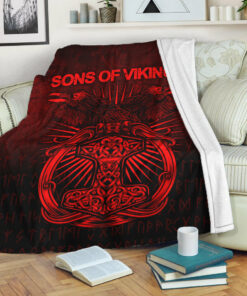 Viking Blanket Vikings Ravens Mjolnir Red Version Sherpa Fleece Blanket Gifts for Viking Lovers
