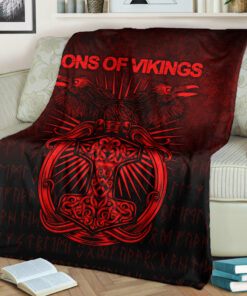 Viking Blanket Vikings Ravens Mjolnir Red Version Sherpa Fleece Blanket Gifts for Viking Lovers