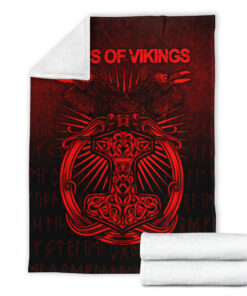 Viking Blanket Vikings Ravens Mjolnir Red Version Sherpa Fleece Blanket Gifts for Viking Lovers