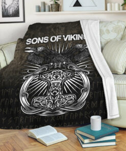 Viking Blanket Vikings Ravens Mjolnir Sherpa Fleece Blanket Gifts for Viking Lovers