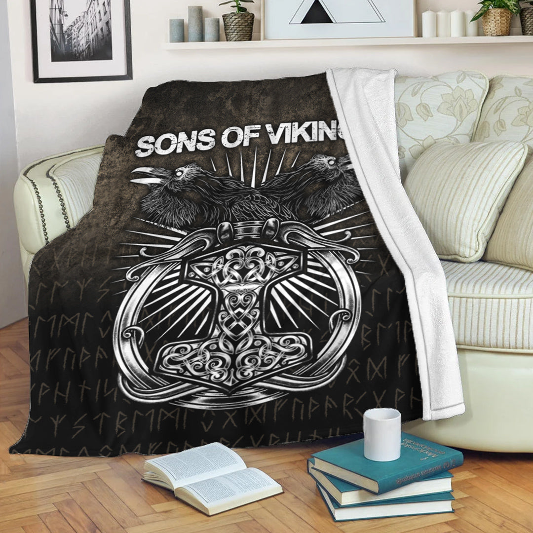 Viking Blanket Vikings Ravens Mjolnir Sherpa Fleece Blanket Gifts for Viking Lovers
