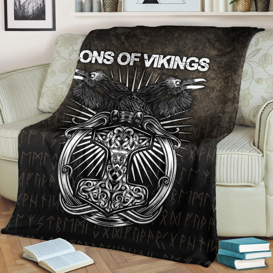 Viking Blanket Vikings Ravens Mjolnir Sherpa Fleece Blanket Gifts for Viking Lovers