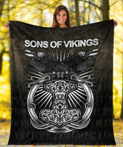 Viking Blanket Vikings Ravens Mjolnir Sherpa Fleece Blanket Gifts for Viking Lovers