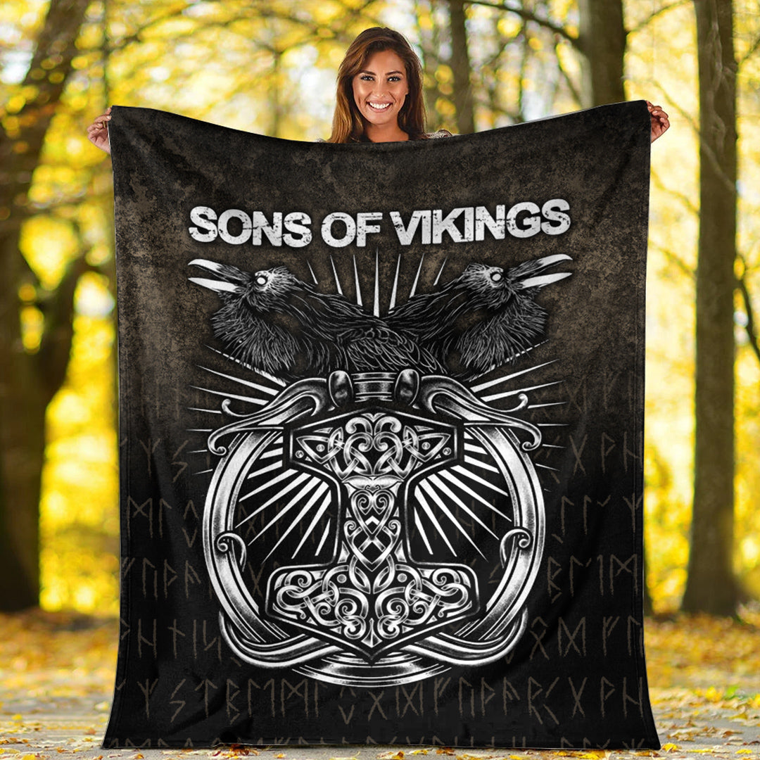 Viking Blanket Vikings Ravens Mjolnir Sherpa Fleece Blanket Gifts for Viking Lovers