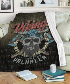 Viking Blanket Vikings Victory or Valhalla Skull With CrossedAxe Sherpa Fleece Blanket Gifts for Viking Lovers