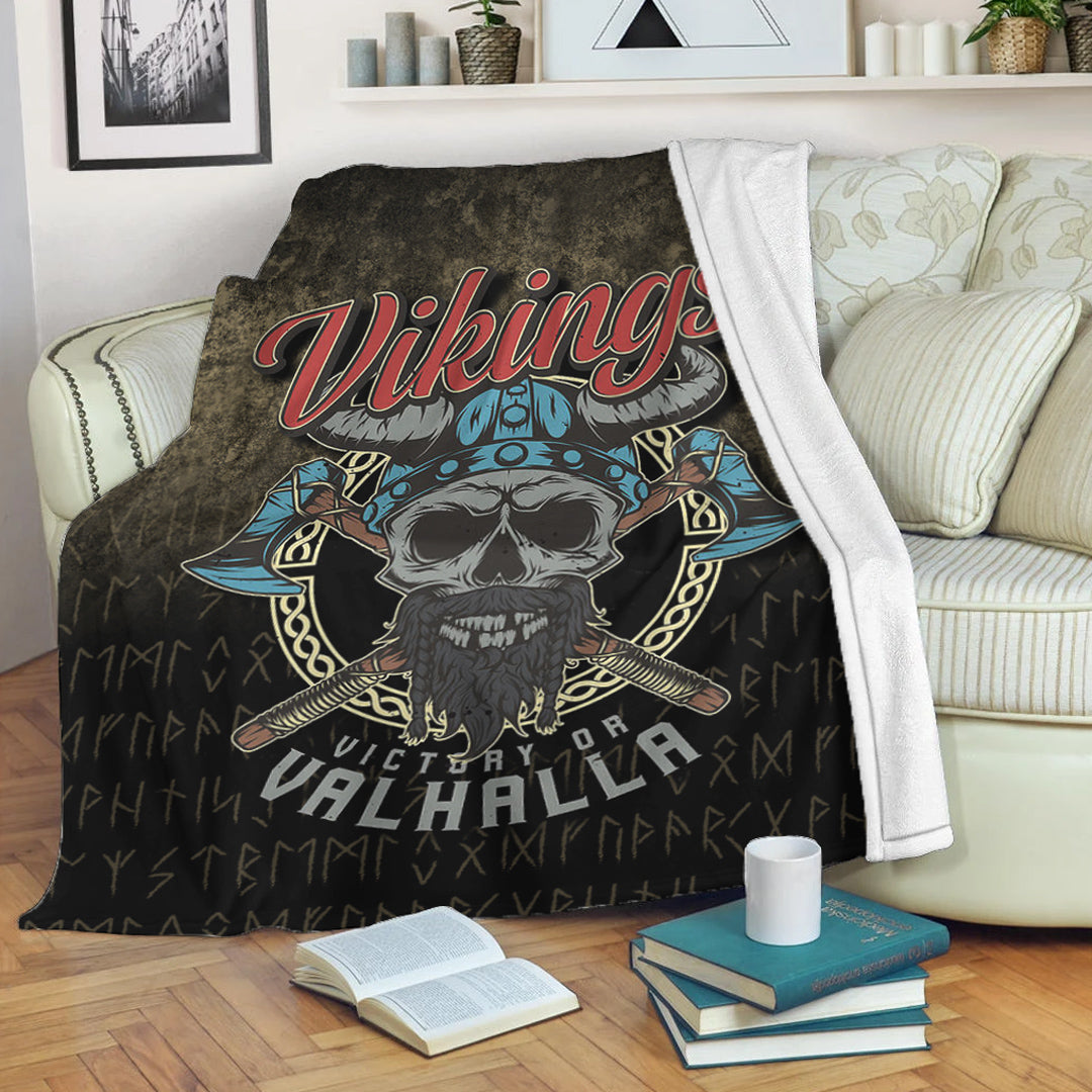 Viking Blanket Vikings Victory or Valhalla Skull With CrossedAxe Sherpa Fleece Blanket Gifts for Viking Lovers