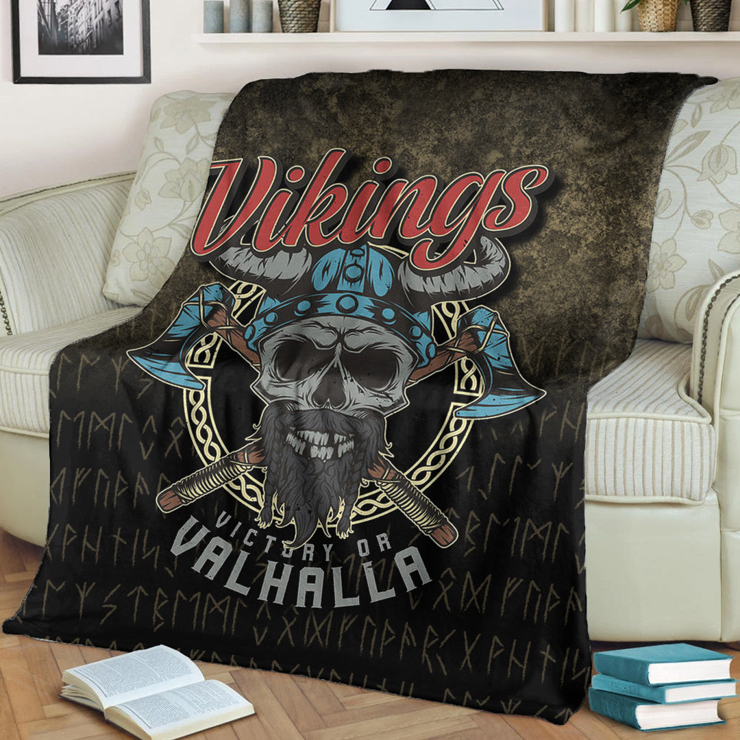 Viking Blanket Vikings Victory or Valhalla Skull With CrossedAxe Sherpa Fleece Blanket Gifts for Viking Lovers