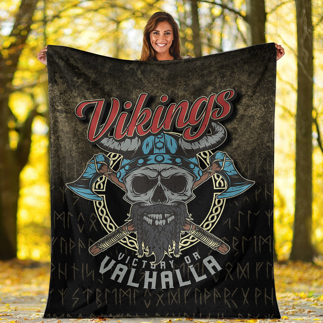 Viking Blanket Vikings Victory or Valhalla Skull With CrossedAxe Sherpa Fleece Blanket Gifts for Viking Lovers