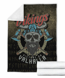 Viking Blanket Vikings Victory or Valhalla Skull With CrossedAxe Sherpa Fleece Blanket Gifts for Viking Lovers