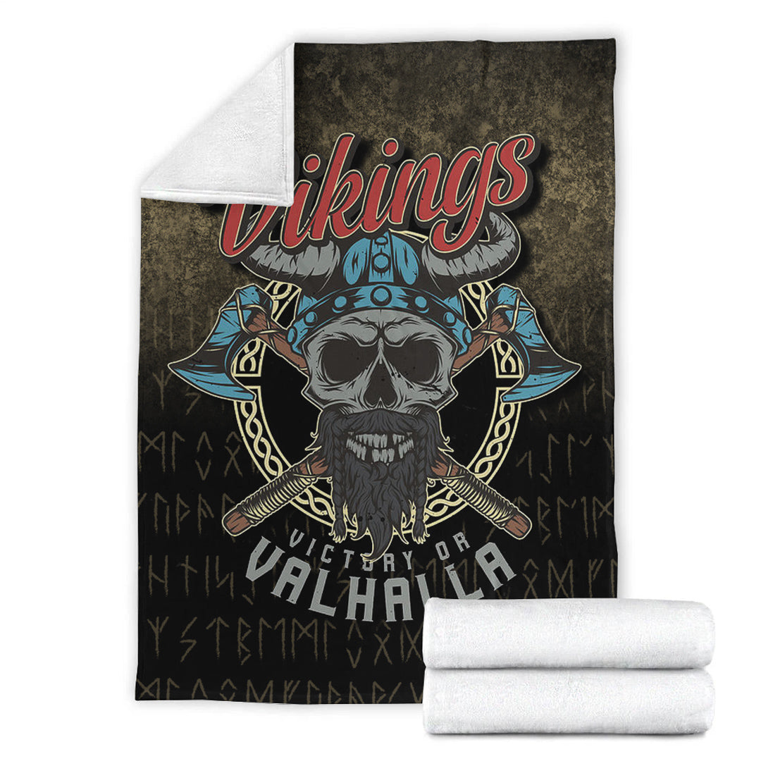 Viking Blanket Vikings Victory or Valhalla Skull With CrossedAxe Sherpa Fleece Blanket Gifts for Viking Lovers