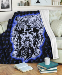 Viking Blanket Wolf Odin Viking Set Blue Sherpa Fleece Blanket Gifts for Viking Lovers