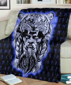 Viking Blanket Wolf Odin Viking Set Blue Sherpa Fleece Blanket Gifts for Viking Lovers