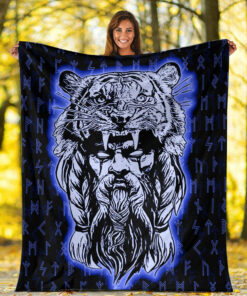 Viking Blanket Wolf Odin Viking Set Blue Sherpa Fleece Blanket Gifts for Viking Lovers