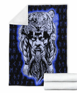 Viking Blanket Wolf Odin Viking Set Blue Sherpa Fleece Blanket Gifts for Viking Lovers