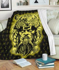 Viking Blanket Wolf Odin Viking Set Gold Sherpa Fleece Blanket Gifts for Viking Lovers