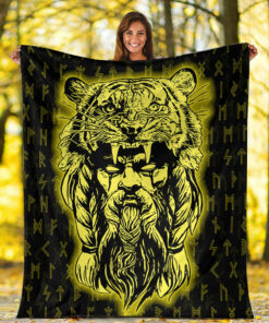 Viking Blanket Wolf Odin Viking Set Gold Sherpa Fleece Blanket Gifts for Viking Lovers