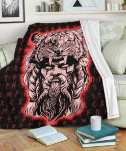 Viking Blanket Wolf Odin Viking Set Red Sherpa Fleece Blanket Gifts for Viking Lovers