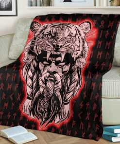 Viking Blanket Wolf Odin Viking Set Red Sherpa Fleece Blanket Gifts for Viking Lovers