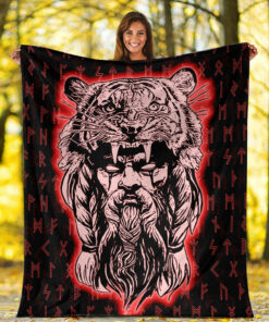 Viking Blanket Wolf Odin Viking Set Red Sherpa Fleece Blanket Gifts for Viking Lovers
