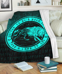 Viking Blanket Wolf Of Odin Cyan Version Sherpa Fleece Blanket Gifts for Viking Lovers