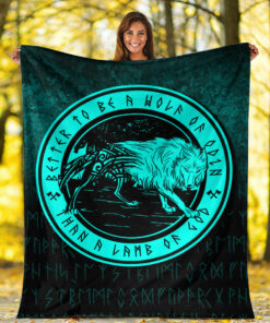 Viking Blanket Wolf Of Odin Cyan Version Sherpa Fleece Blanket Gifts for Viking Lovers