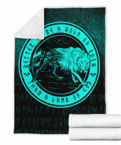 Viking Blanket Wolf Of Odin Cyan Version Sherpa Fleece Blanket Gifts for Viking Lovers