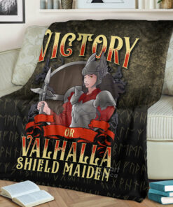 Viking Cute Victory Or Valhalla Shield Maiden Norse Viking Warrior Sherpa Fleece Blanket Gifts for Viking Lovers