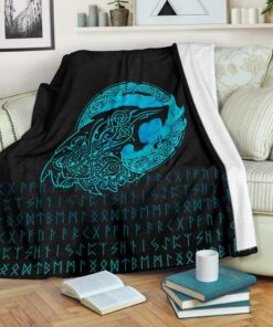 Viking Fenrir Wolf Cyan Sherpa Fleece Blanket Gifts for Viking Lovers