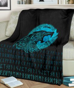 Viking Fenrir Wolf Cyan Sherpa Fleece Blanket Gifts for Viking Lovers