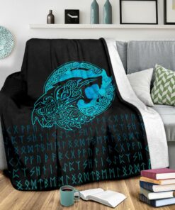 Viking Fenrir Wolf Cyan Sherpa Fleece Blanket Gifts for Viking Lovers