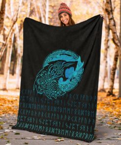 Viking Fenrir Wolf Cyan Sherpa Fleece Blanket Gifts for Viking Lovers