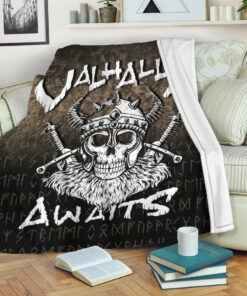 Viking Norse Style Blanket Valhalla Awaits Viking Skull Warrior Axe Sherpa Fleece Blanket Gifts for Viking Lovers