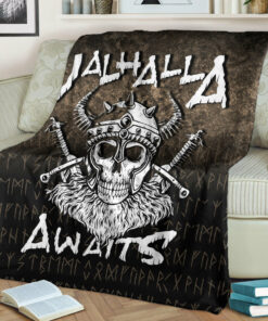 Viking Norse Style Blanket Valhalla Awaits Viking Skull Warrior Axe Sherpa Fleece Blanket Gifts for Viking Lovers
