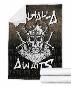 Viking Norse Style Blanket Valhalla Awaits Viking Skull Warrior Axe Sherpa Fleece Blanket Gifts for Viking Lovers