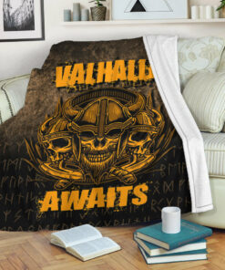 Viking Norse Style Blanket Valhalla Awaits Warrior Sherpa Fleece Blanket Gifts for Viking Lovers