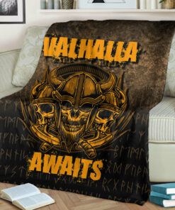 Viking Norse Style Blanket Valhalla Awaits Warrior Sherpa Fleece Blanket Gifts for Viking Lovers