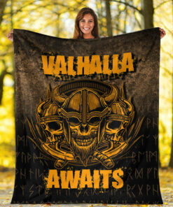 Viking Norse Style Blanket Valhalla Awaits Warrior Sherpa Fleece Blanket Gifts for Viking Lovers