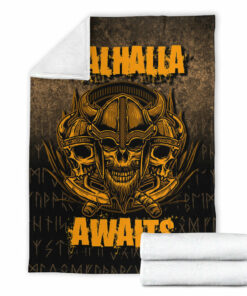 Viking Norse Style Blanket Valhalla Awaits Warrior Sherpa Fleece Blanket Gifts for Viking Lovers