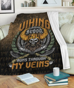 Viking Norse Style Blanket Viking Blood Run Through My Veins Sherpa Fleece Blanket Gifts for Viking Lovers