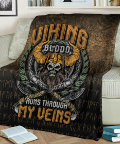 Viking Norse Style Blanket Viking Blood Run Through My Veins Sherpa Fleece Blanket Gifts for Viking Lovers