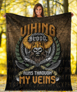 Viking Norse Style Blanket Viking Blood Run Through My Veins Sherpa Fleece Blanket Gifts for Viking Lovers