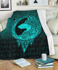 Viking Norse Wolf Cyan Version Sherpa Fleece Blanket Gifts for Viking Lovers
