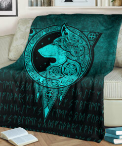 Viking Norse Wolf Cyan Version Sherpa Fleece Blanket Gifts for Viking Lovers