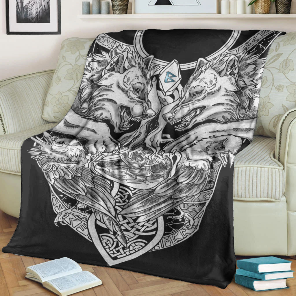Viking Sherpa Fleece Blanket Gifts for Viking Lovers Berkano Rune, Wolf And Raven Tattoo