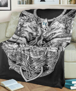 Viking Sherpa Fleece Blanket Gifts for Viking Lovers Dagaz Rune, Wolf And Raven Tattoo
