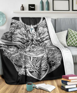 Viking Sherpa Fleece Blanket Gifts for Viking Lovers Fehu Rune Wolf And Raven Tattoo Viking Blanket