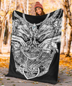 Viking Sherpa Fleece Blanket Gifts for Viking Lovers Fehu Rune Wolf And Raven Tattoo Viking Blanket