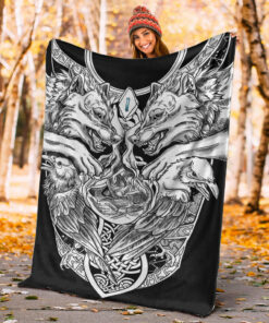 Viking Sherpa Fleece Blanket Gifts for Viking Lovers Isa Rune, Wolf And Raven Tattoo
