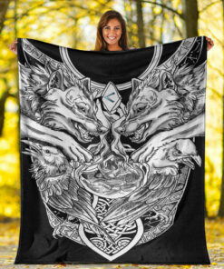 Viking Sherpa Fleece Blanket Gifts for Viking Lovers Kenaz Rune Wolf And Raven Tattoo Viking Blanket