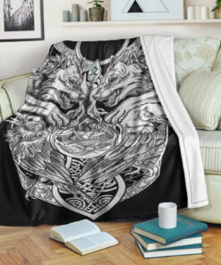Viking Sherpa Fleece Blanket Gifts for Viking Lovers Othala Rune Wolf And Raven Tattoo Viking Blanket
